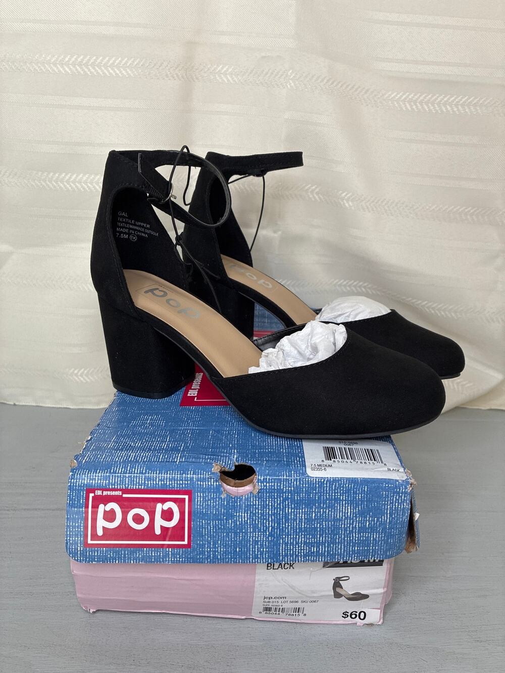 POP Gal Block Heel Pumps Black Womens Size 7.5M Ankle Strap